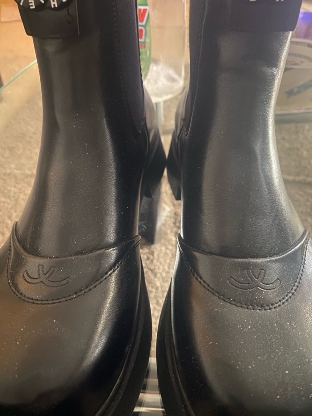 Women’s Black Leather Chelsea Boots with Embossed Logo Detail Not Chanel 8.5